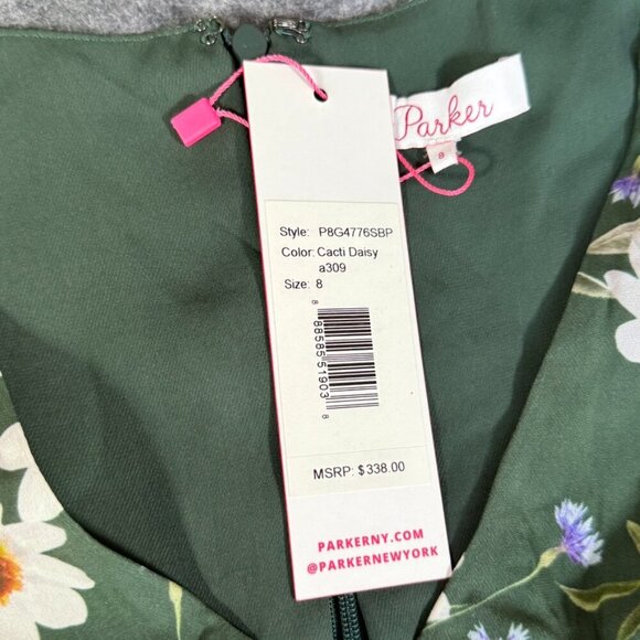 Parker Womens Silk Satin Mini Dress Cacti Daisy Green Size 8 Summer Boho NWT Lux - Picture 9 of 12